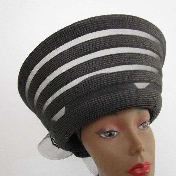 TALL Breton Sheer Church Hat Black Horsehair Pouf Satin Bow - Picture 3 of 12